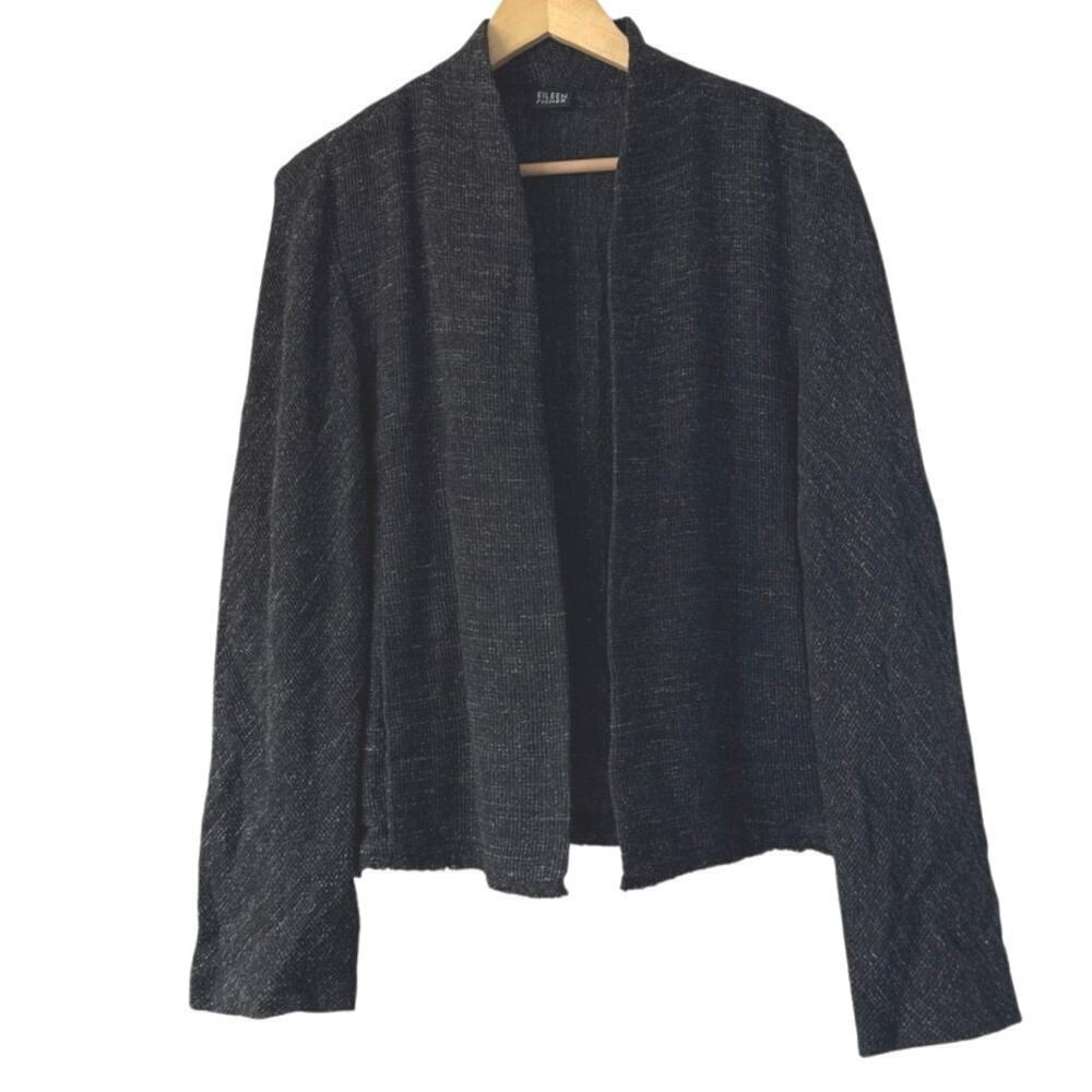 Eileen Fisher Black Textured Wool Blend Open Front Cardigan Jacket Womens XL